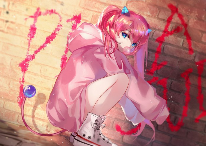 Anime girl with pink hair and horns squatting