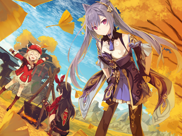 Keqing, Amber, and Klee from Genshin Impact in autumn