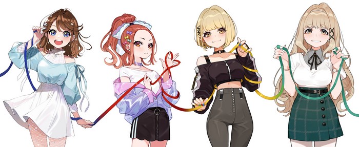 Four anime girls holding ribbons