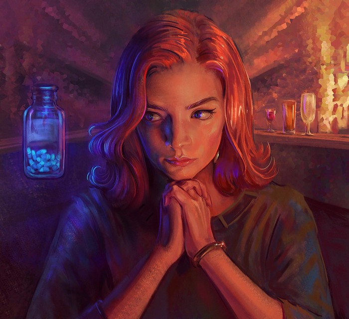 Beth Harmon from The Queen's Gambit with pills