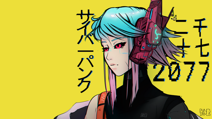 Cyberpunk 2077 anime girl with blue hair