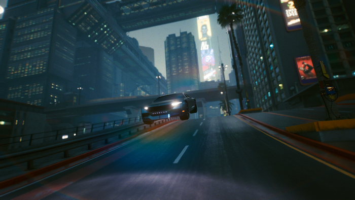 Car jumping over a road in Cyberpunk 2077 city at night