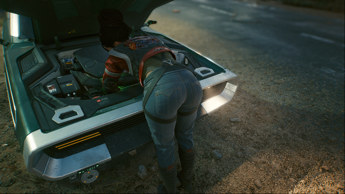 Panam Palmer from Cyberpunk 2077 working on a car engine