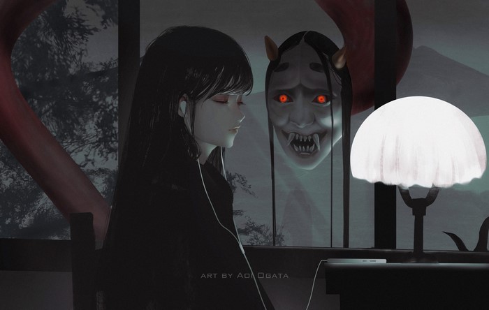 Girl with Oni mask reflection, Aoi Ogata art