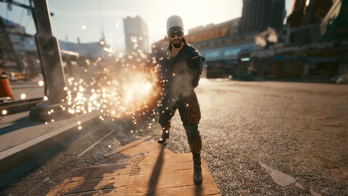 Man with sunglasses and helmet firing a weapon in Cyberpunk 2077