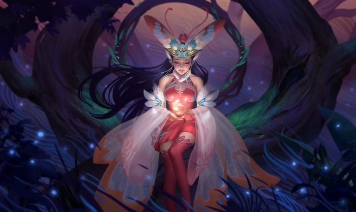 Fantasy girl with butterfly wings in a forest