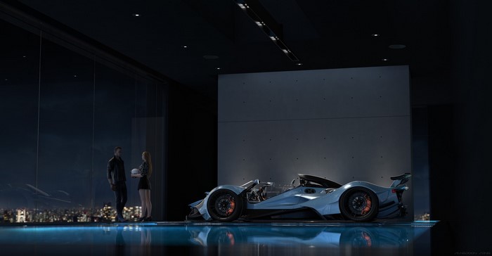 Man and woman with a futuristic car in a modern showroom