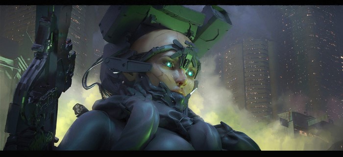 Cyberpunk character with glowing green eyes and weapon