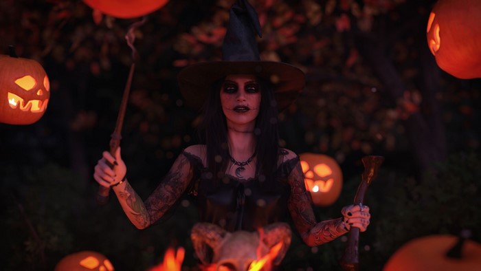 Witch with pumpkins and skull for Halloween