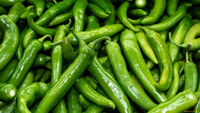 Pile of fresh green chili peppers