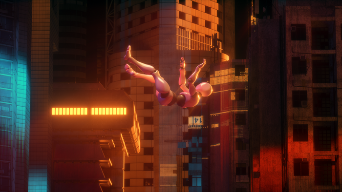 CGI artwork of a robot falling in a futuristic city