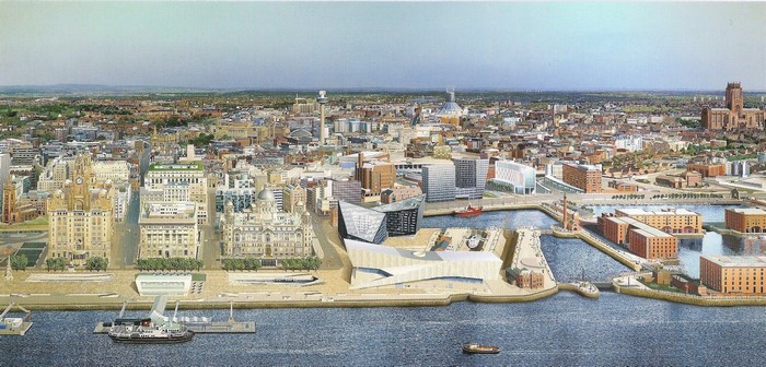 Painting of Liverpool waterfront and cityscape