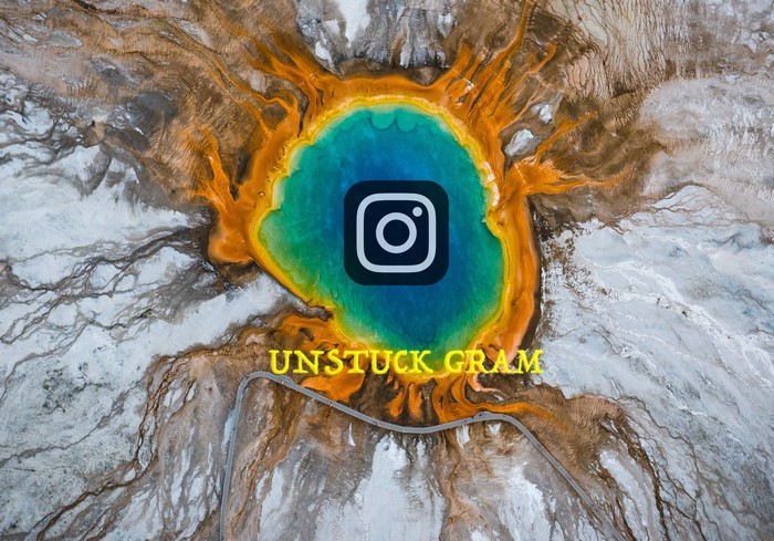 Aerial view of Grand Prismatic Spring with Instagram logo and text