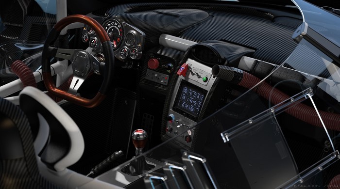 Hypercar interior with digital dashboard and steering wheel