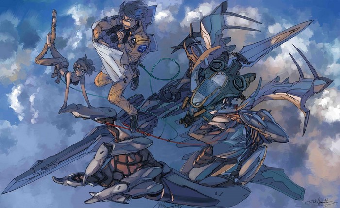 Anime characters and mechs flying in clouds