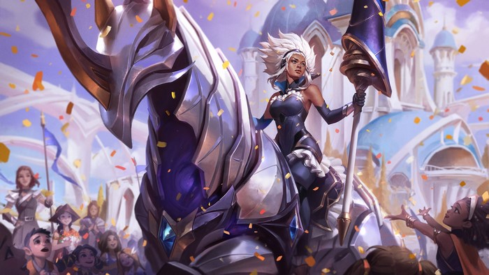 Sejuani from League of Legends on a horse with a flag