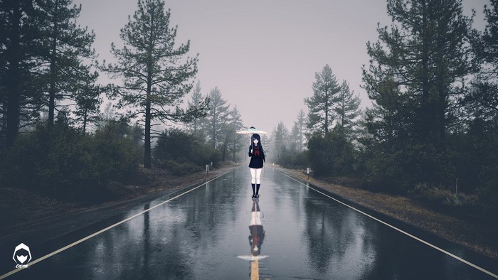 Anime girl with umbrella on wet road