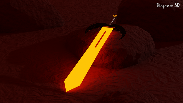 Glowing sword in a dark, rocky environment