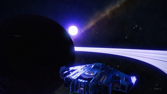 Spaceship near a ringed planet and star in Elite: Dangerous