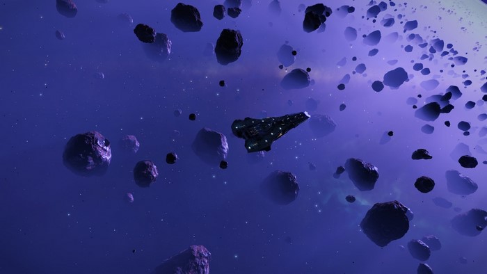 Spaceship navigating an asteroid field in Elite: Dangerous