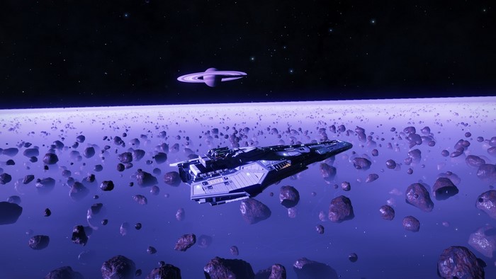 Spaceship in an asteroid field near a ringed planet in Elite: Dangerous