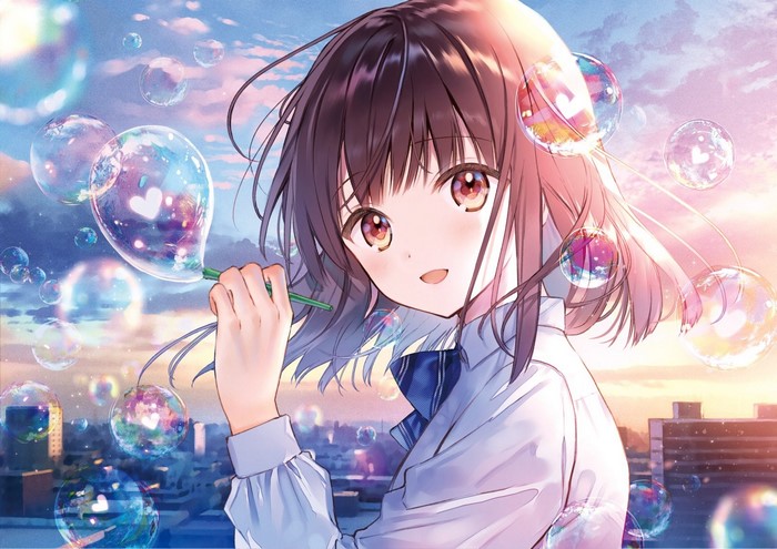 Anime girl blowing bubbles at sunset