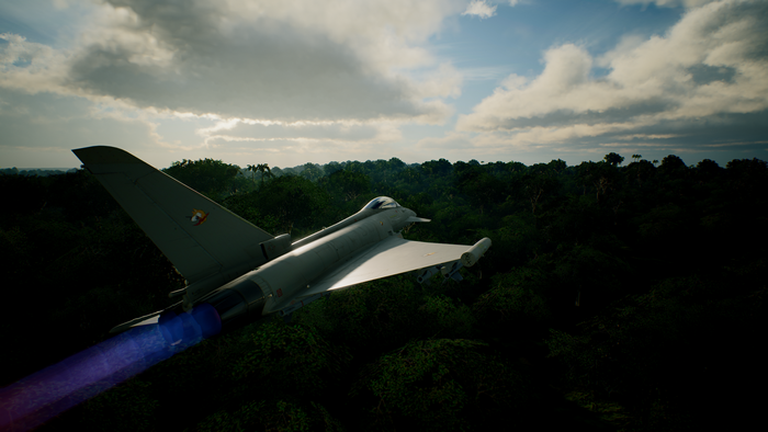 Eurofighter Typhoon from Ace Combat 7 flying over a jungle