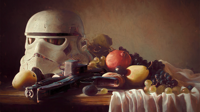 Stormtrooper helmet and blaster with fruit still life