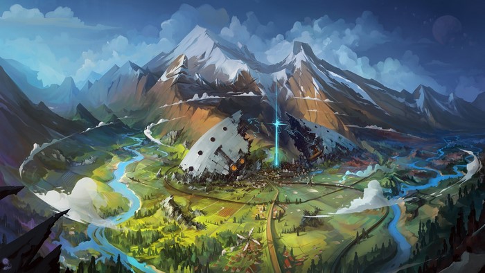 Futuristic city built into a mountain valley with a crashed spaceship