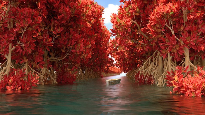 A boat on a river surrounded by red trees