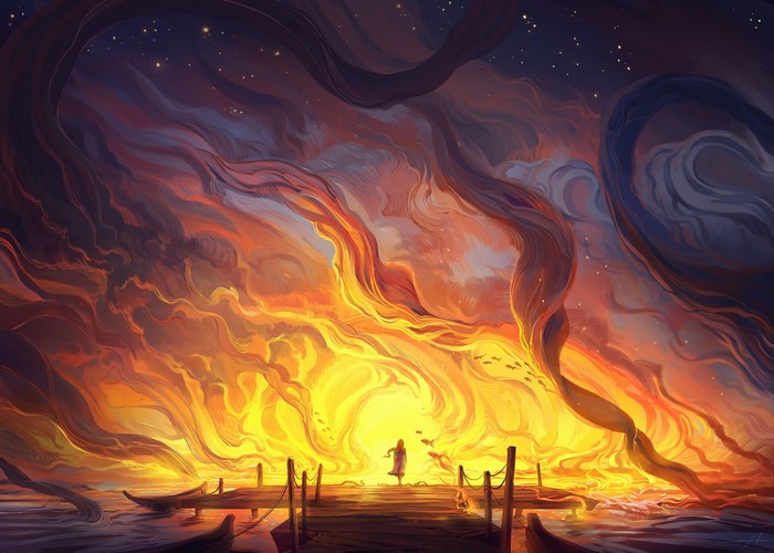 Woman on pier with fiery sky and boats