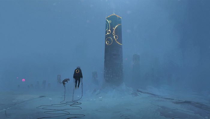 Man and dog float near monoliths in blue environment