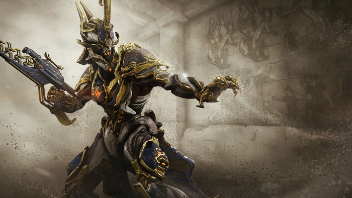 Inaros from Warframe holding a weapon