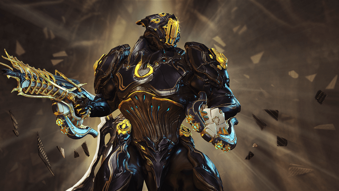 Rhino from Warframe holding a weapon