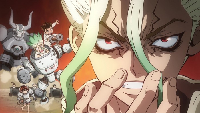 Senkuu Ishigami and allies in mechs from Dr. Stone