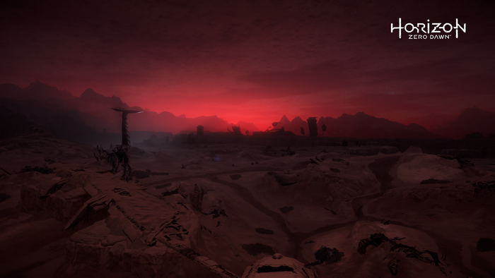 Horizon Zero Dawn landscape with robot and red sky