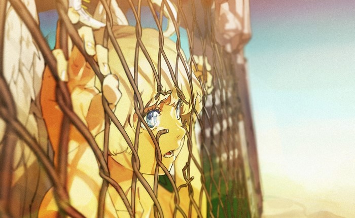 Anime girl with blonde hair behind a fence