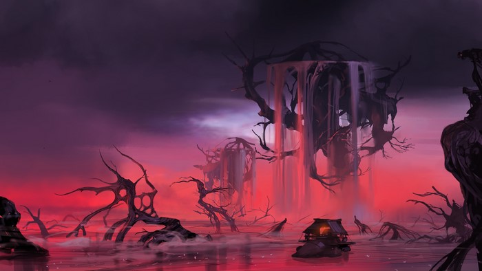 Fantasy swamp with red sky and strange trees