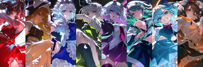 Touhou characters: Hakurei Reimu, Kirisame Marisa, Izayoi Sakuya, Konpaku Youmu, Reisen Udongein Inaba, Kochiya Sanae, Cirno, Shameimaru Aya