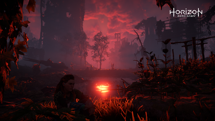 Aloy from Horizon Zero Dawn in a red forest