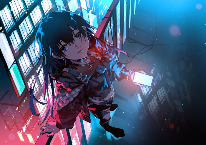 Anime girl with phone in city lights