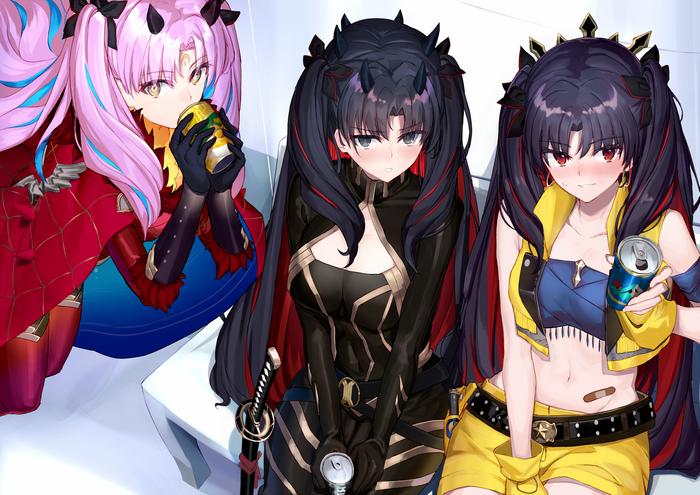 Three anime girls from Fate/Grand Order with drinks