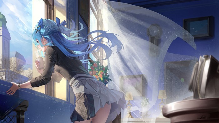 Anime girl with blue hair by the window