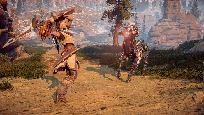 Aloy from Horizon Zero Dawn fighting a machine
