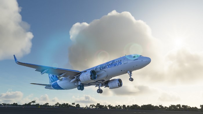 Airbus A320 taking off in Microsoft Flight Simulator