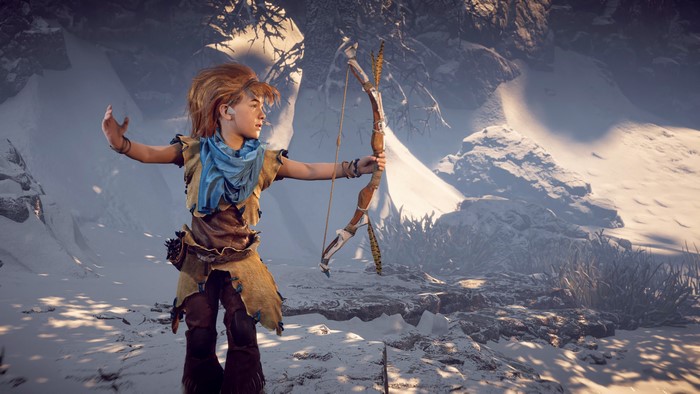 Aloy from Horizon: Zero Dawn in a snowy environment