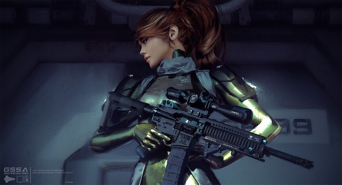 Woman in futuristic armor holding a rifle