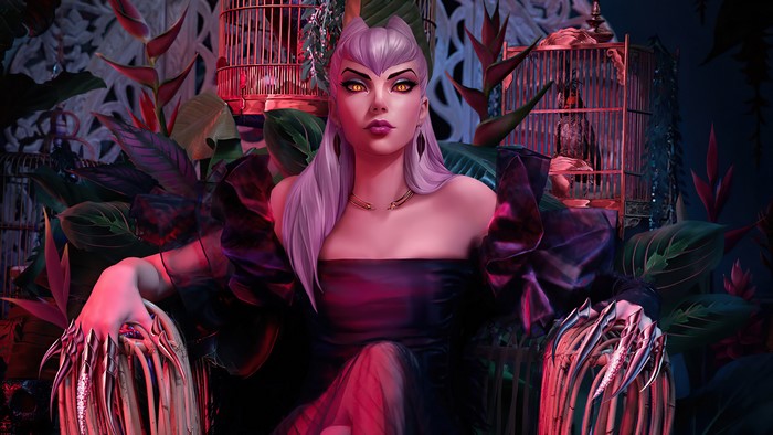 Evelynn from League of Legends sitting in a throne
