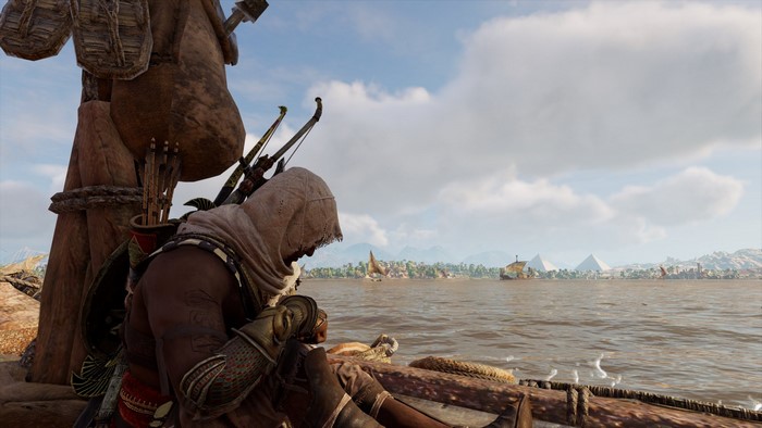 Bayek from Assassin's Creed: Origins on a boat