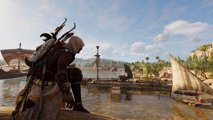 Bayek from Assassin's Creed: Origins on a dock